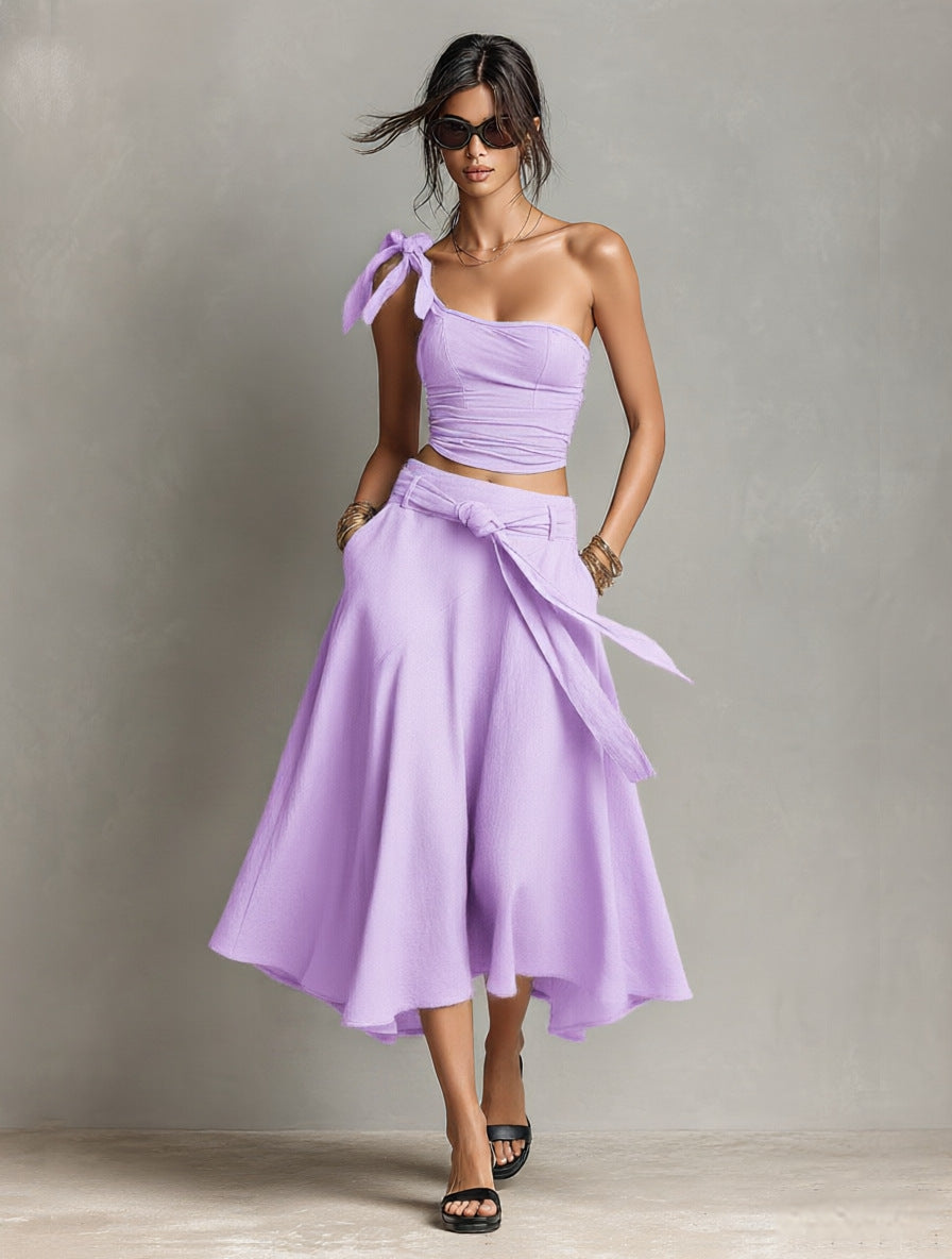 Asymmetrical Off Shoulder Strap Top & High Waist A-Line Long Skirt Two Piece Set