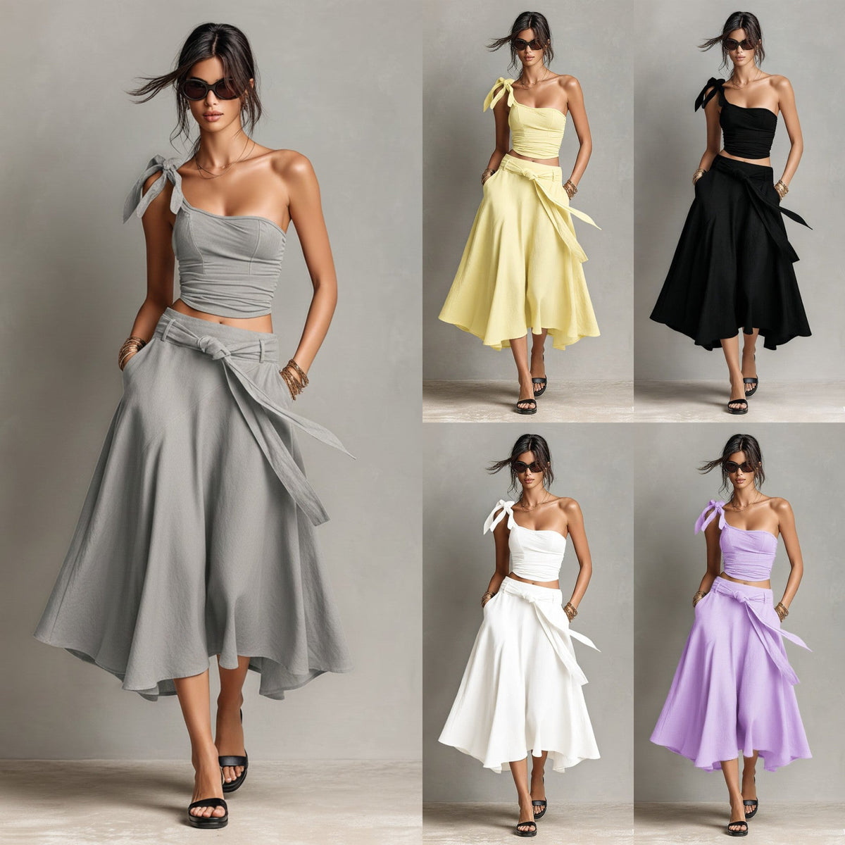 Asymmetrical Off Shoulder Strap Top & High Waist A-Line Long Skirt Two Piece Set