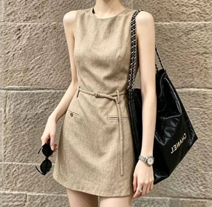Belted Linen A-Line Mini Dress