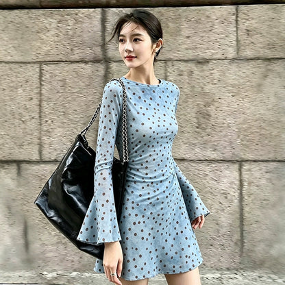 Polka Dot Flare Sleeve Ruched Waist A-Line Dress