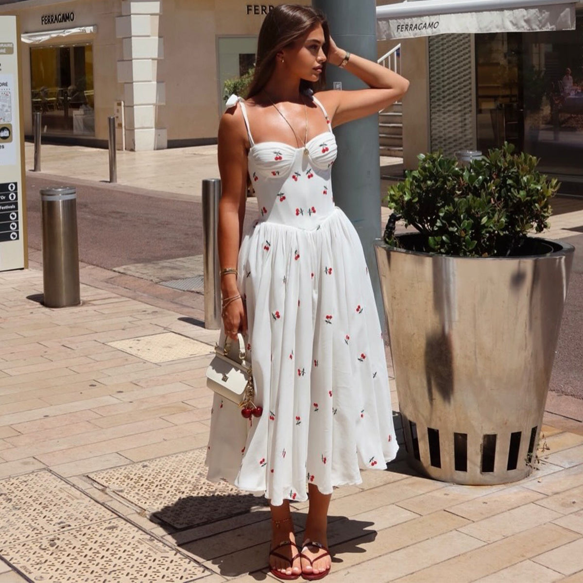 Cherry Print Corset Bow-Strap A-Line Midi Dress