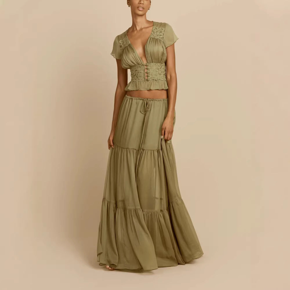 Sexy Waist Cinched V-Neck Top & Drawstring Long Skirt Set