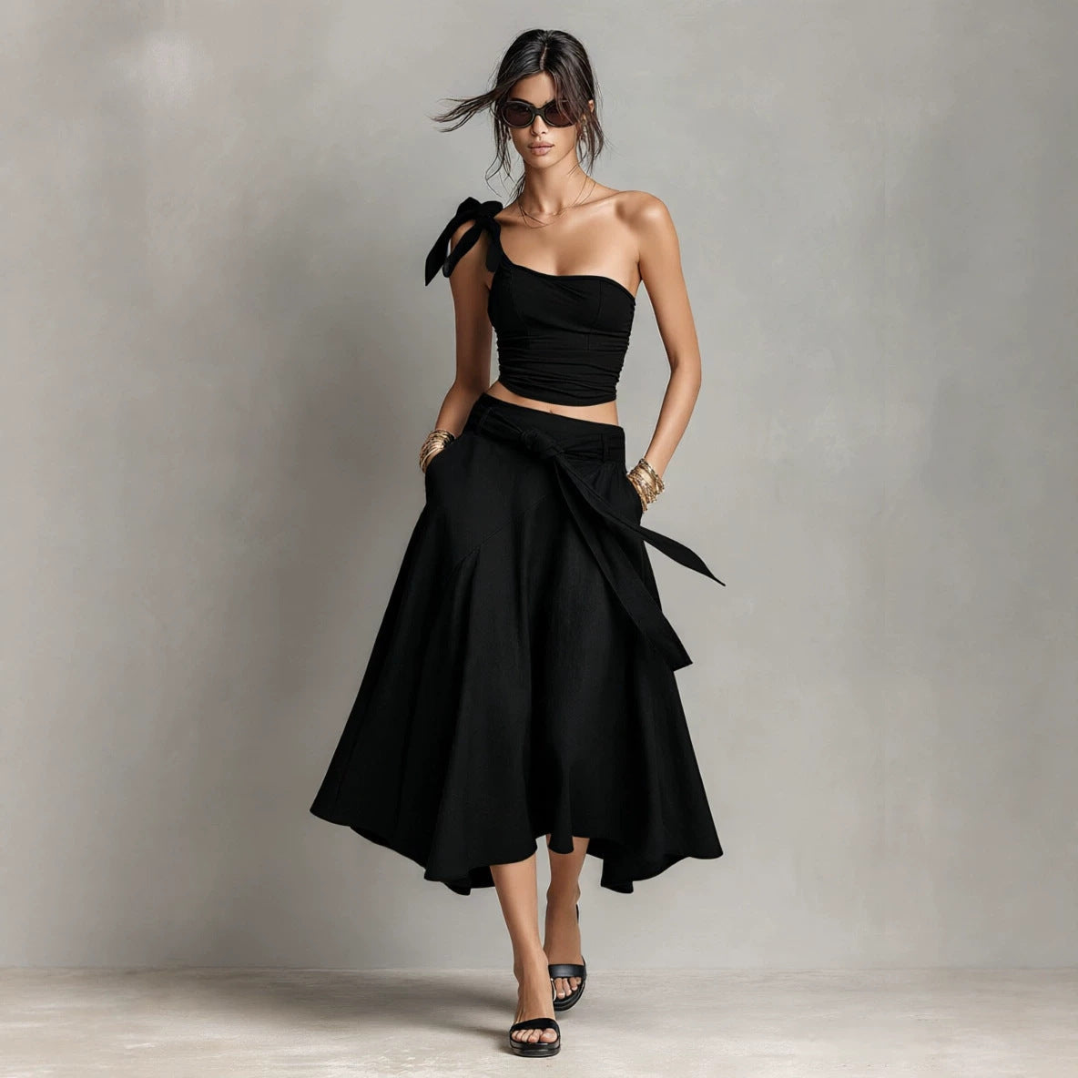 Asymmetrical Off Shoulder Strap Top & High Waist A-Line Long Skirt Two Piece Set