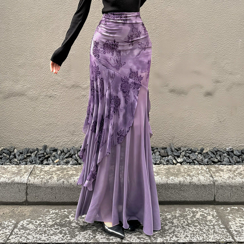 Irregular Purple Floral-print Mesh Patchwork Skirt