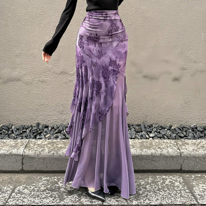 Irregular Purple Floral-print Mesh Patchwork Skirt