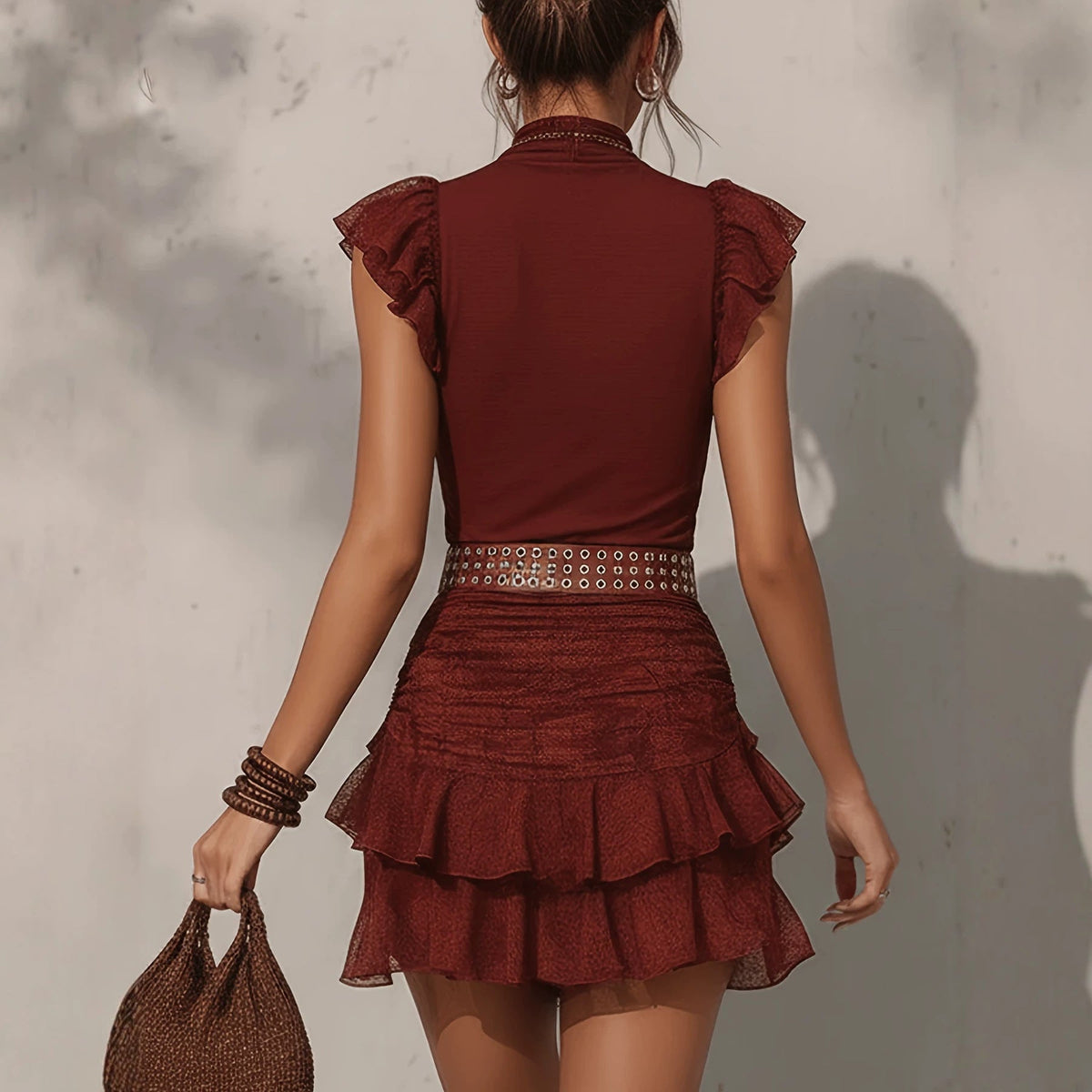 Lace Ruffle Trim Mock-Neck Top & Tiered Mini Skirt Set