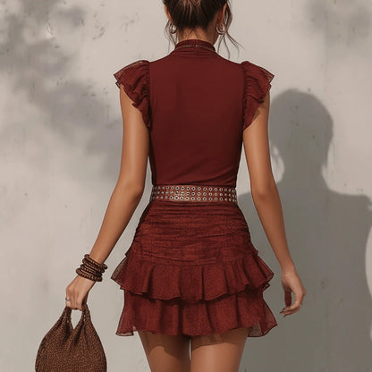 Lace Ruffle Trim Mock-Neck Top & Tiered Mini Skirt Set