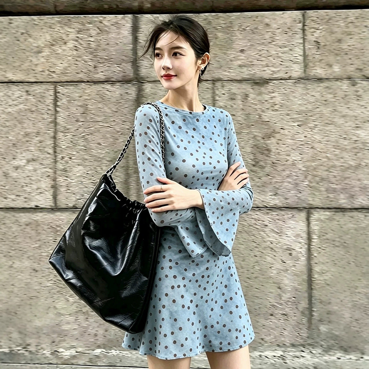 Polka Dot Flare Sleeve Ruched Waist A-Line Dress