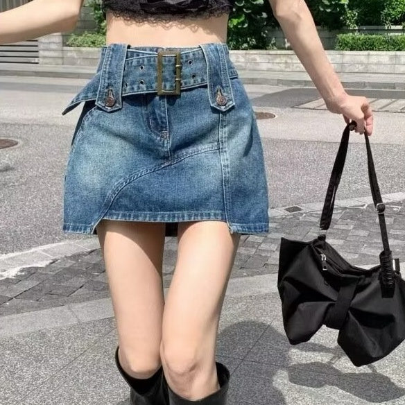 High Waist Belted Denim Mini Skirt