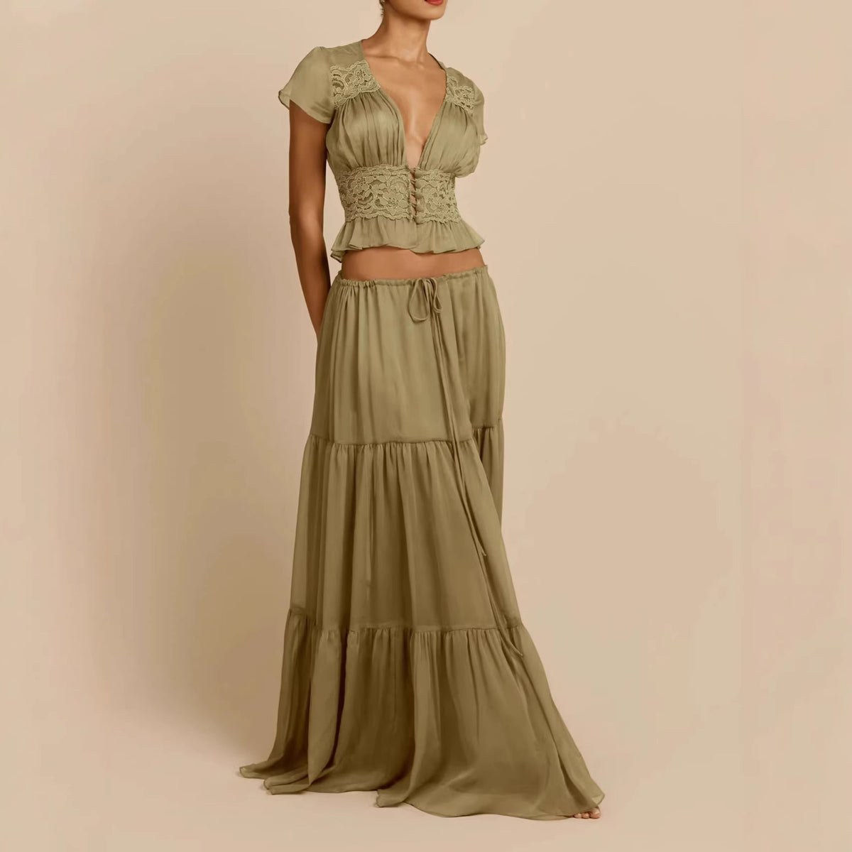 Sexy Waist Cinched V-Neck Top & Drawstring Long Skirt Set