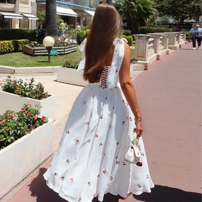 Cherry Print Corset Bow-Strap A-Line Midi Dress
