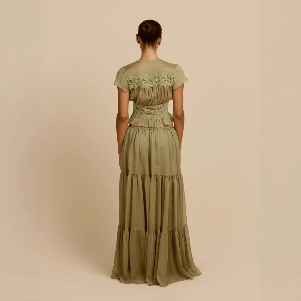 Sexy Waist Cinched V-Neck Top & Drawstring Long Skirt Set