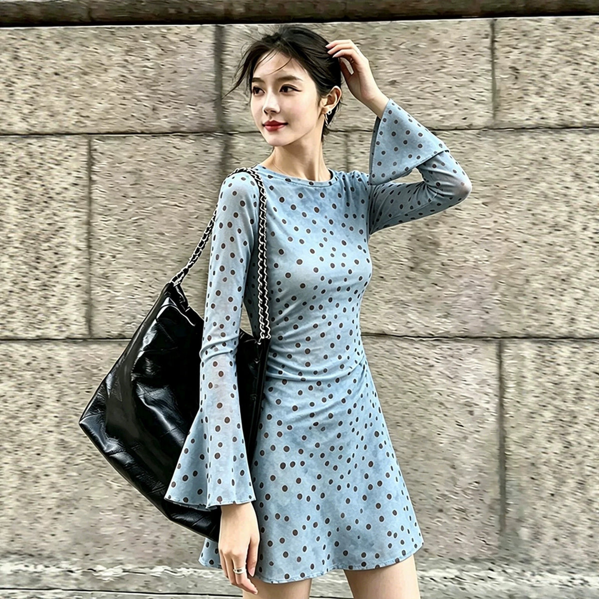 Polka Dot Flare Sleeve Ruched Waist A-Line Dress