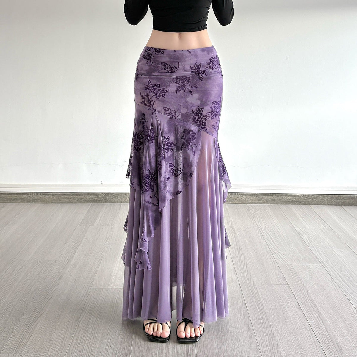 Irregular Purple Floral-print Mesh Patchwork Skirt