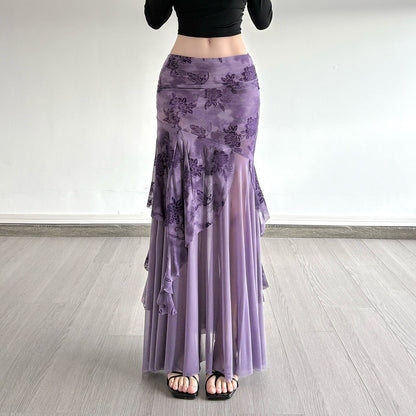 Irregular Purple Floral-print Mesh Patchwork Skirt
