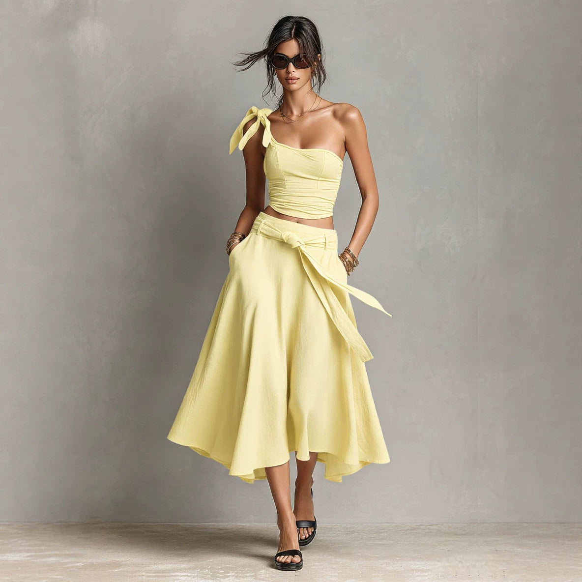 Asymmetrical Off Shoulder Strap Top & High Waist A-Line Long Skirt Two Piece Set