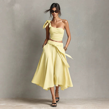 Asymmetrical Off Shoulder Strap Top & High Waist A-Line Long Skirt Two Piece Set
