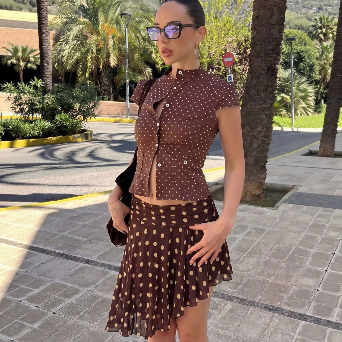 Polka Dot Asymmetric High Waist Mini Skirt
