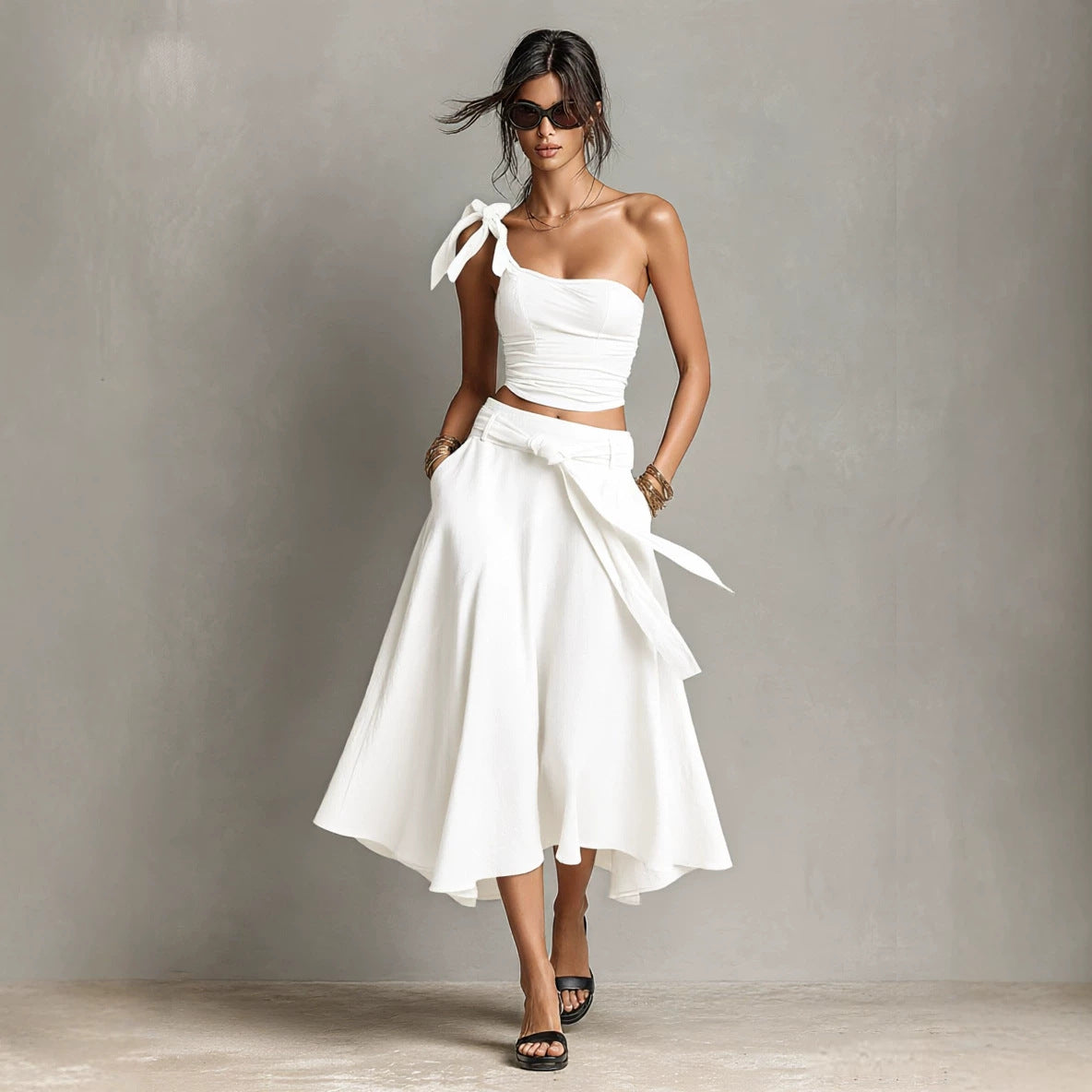 Asymmetrical Off Shoulder Strap Top & High Waist A-Line Long Skirt Two Piece Set
