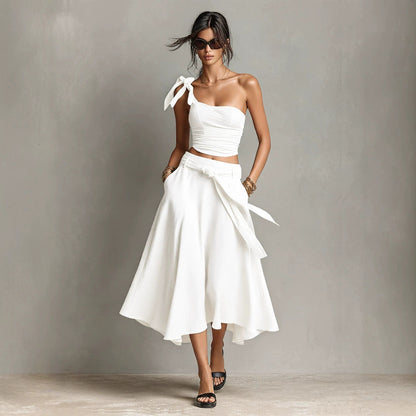 Asymmetrical Off Shoulder Strap Top & High Waist A-Line Long Skirt Two Piece Set