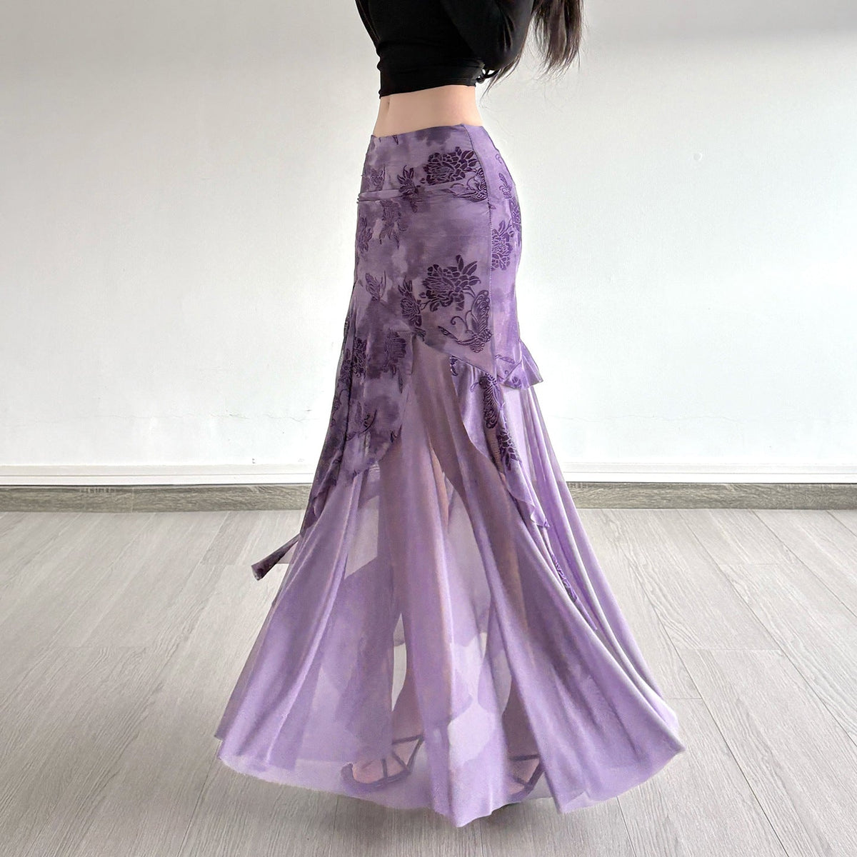 Irregular Purple Floral-print Mesh Patchwork Skirt