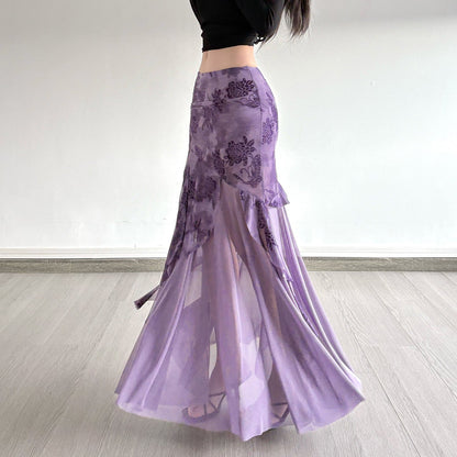 Irregular Purple Floral-print Mesh Patchwork Skirt