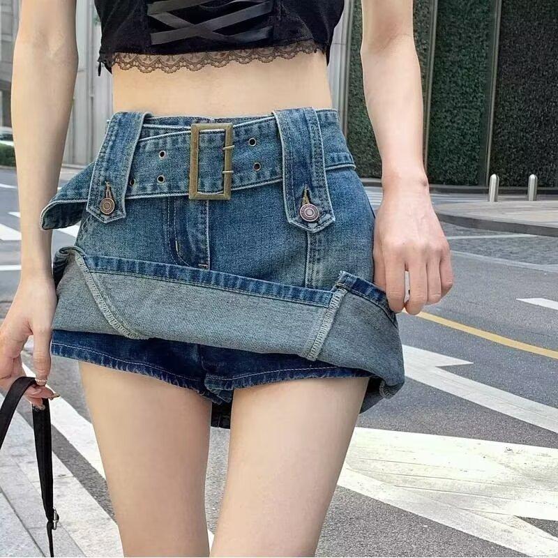 High Waist Belted Denim Mini Skirt