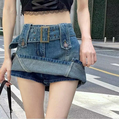 High Waist Belted Denim Mini Skirt