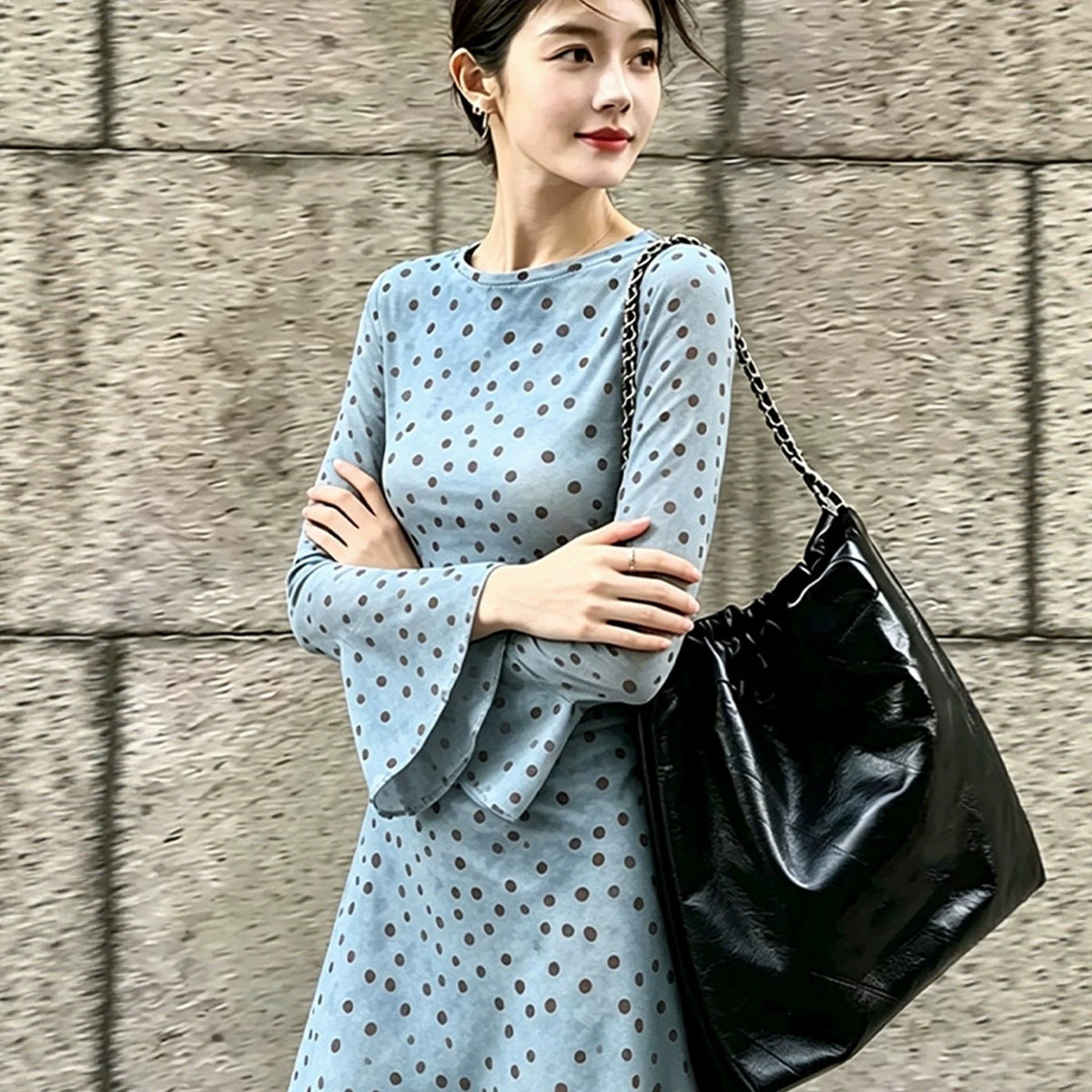 Polka Dot Flare Sleeve Ruched Waist A-Line Dress