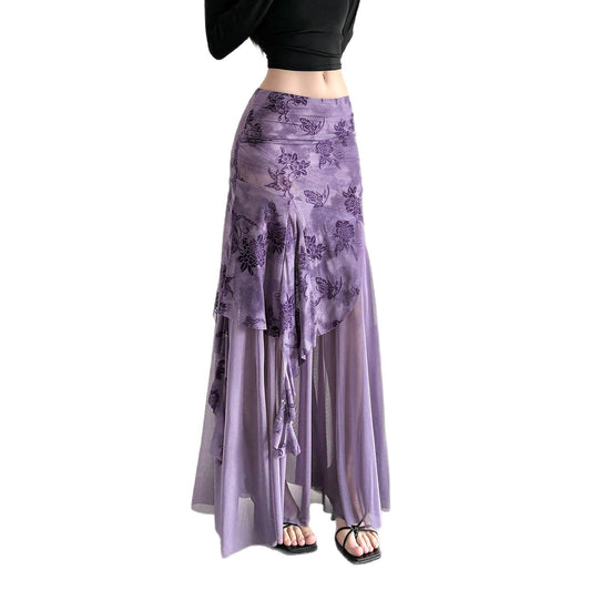 Irregular Purple Floral-print Mesh Patchwork Skirt
