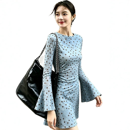 Polka Dot Flare Sleeve Ruched Waist A-Line Dress