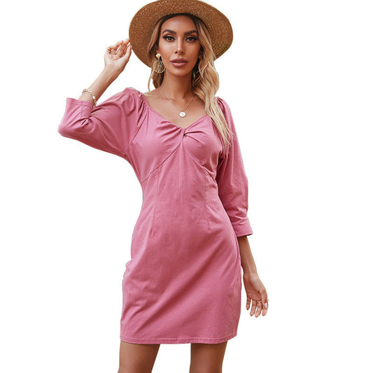 High Waist Open Back Long Sleeve Solid Color Dress