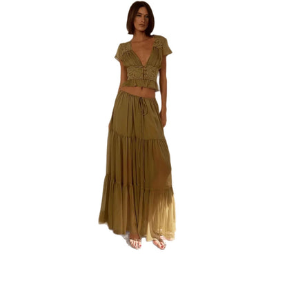 Sexy Waist Cinched V-Neck Top & Drawstring Long Skirt Set