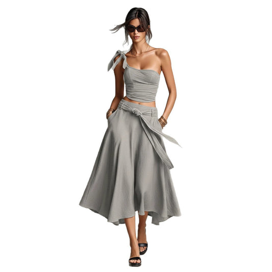 Asymmetrical Off Shoulder Strap Top & High Waist A-Line Long Skirt Two Piece Set