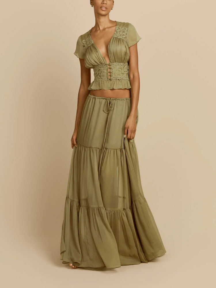 Sexy Waist Cinched V-Neck Top & Drawstring Long Skirt Set