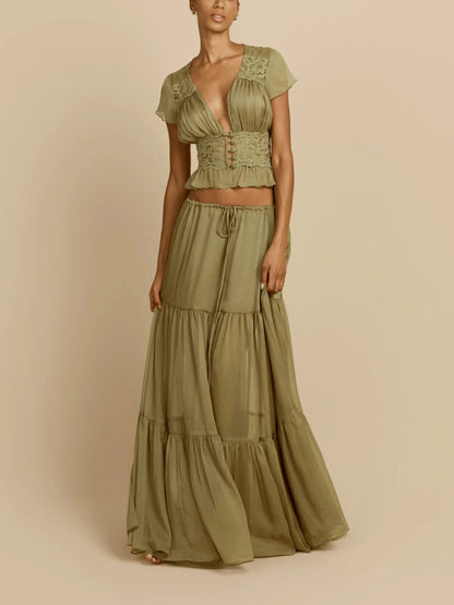 Sexy Waist Cinched V-Neck Top & Drawstring Long Skirt Set