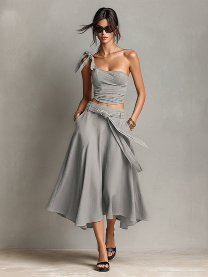 Asymmetrical Off Shoulder Strap Top & High Waist A-Line Long Skirt Two Piece Set