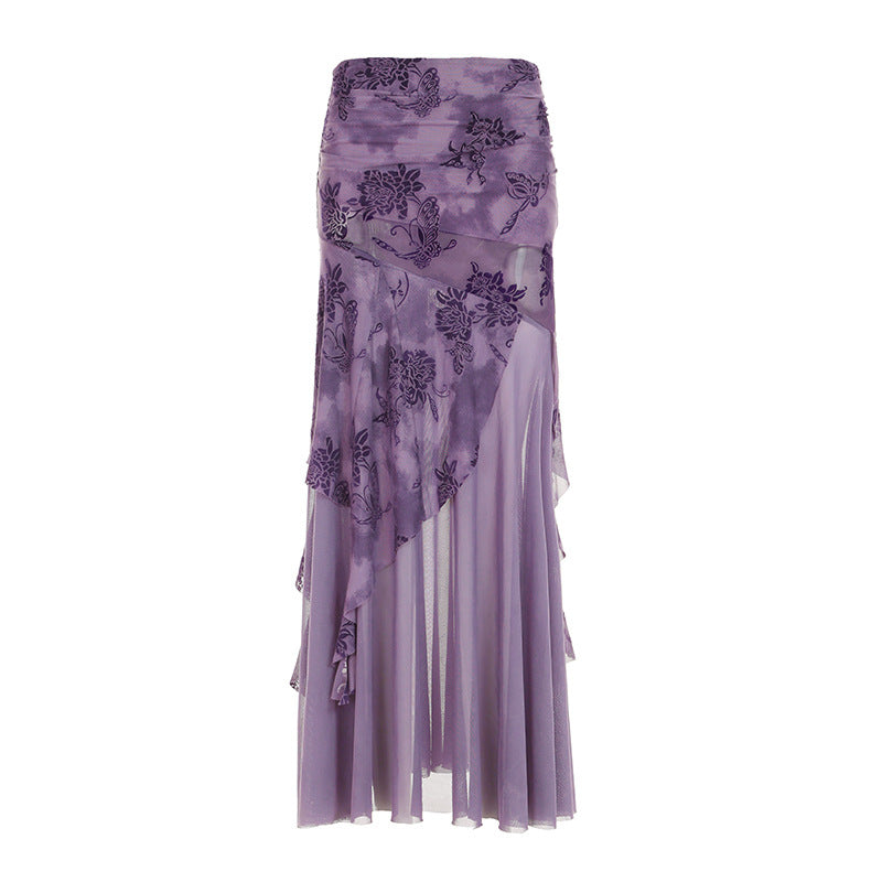 Irregular Purple Floral-print Mesh Patchwork Skirt