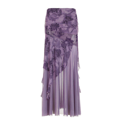 Irregular Purple Floral-print Mesh Patchwork Skirt