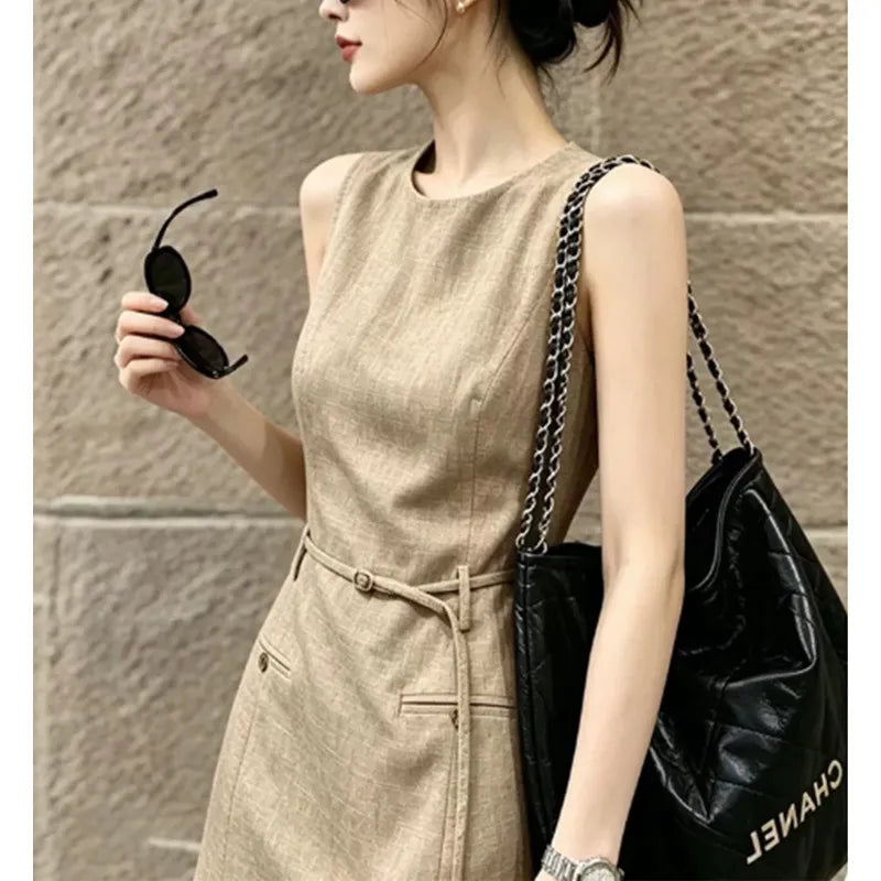 Belted Linen A-Line Mini Dress